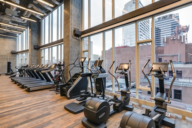 exercise room with a towering ceiling and hardwood / wood-style flooring