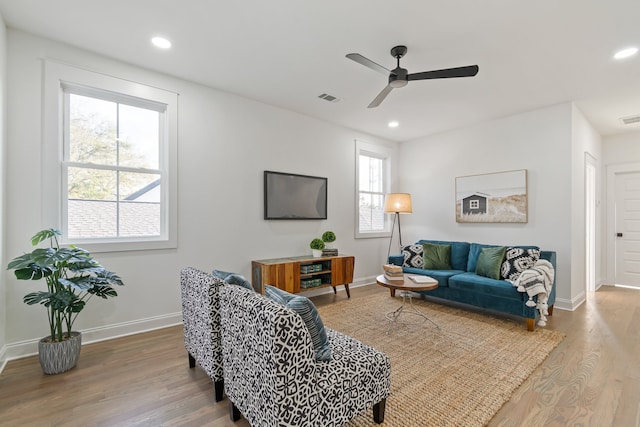 living room with ceiling fan, a wealth of natural light, and wood-type flooring