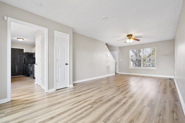 unfurnished living room with ceiling fan and light hardwood / wood-style flooring