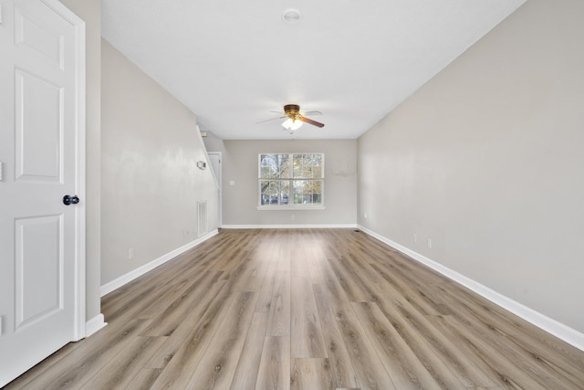 empty room featuring light wood-type flooring and ceiling fan