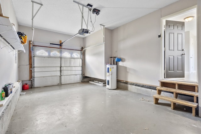 garage with electric water heater and a garage door opener