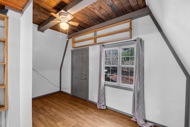 empty room featuring lofted ceiling with beams, light hardwood / wood-style floors, ceiling fan, and wood ceiling