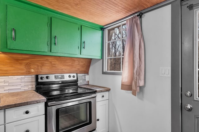 kitchen featuring white cabinets, electric stove, backsplash, and wood ceiling