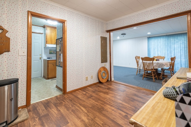 interior space featuring ornamental molding and dark wood-type flooring