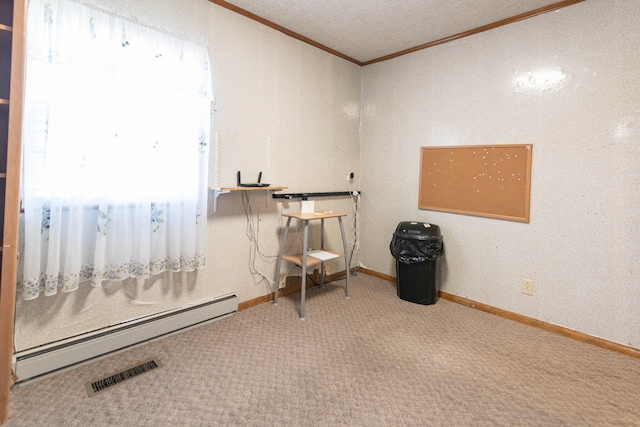 miscellaneous room with ornamental molding, a textured ceiling, carpet floors, and a baseboard radiator