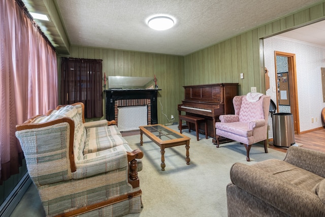 living area with a textured ceiling, a baseboard heating unit, and carpet