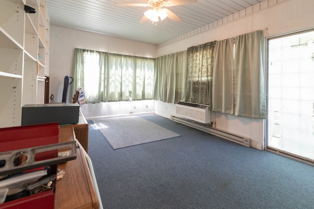 miscellaneous room with wooden ceiling, ceiling fan, a baseboard radiator, and carpet floors