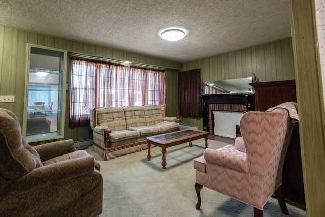 carpeted living room featuring baseboard heating and a textured ceiling