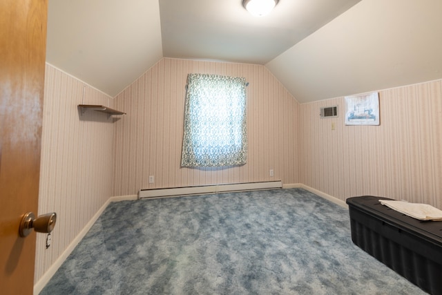 bonus room featuring baseboard heating, lofted ceiling, and carpet