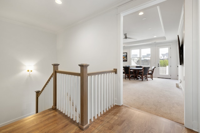 hallway featuring wood-type flooring and crown molding