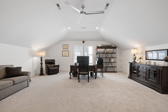 office with light carpet, ceiling fan, and vaulted ceiling