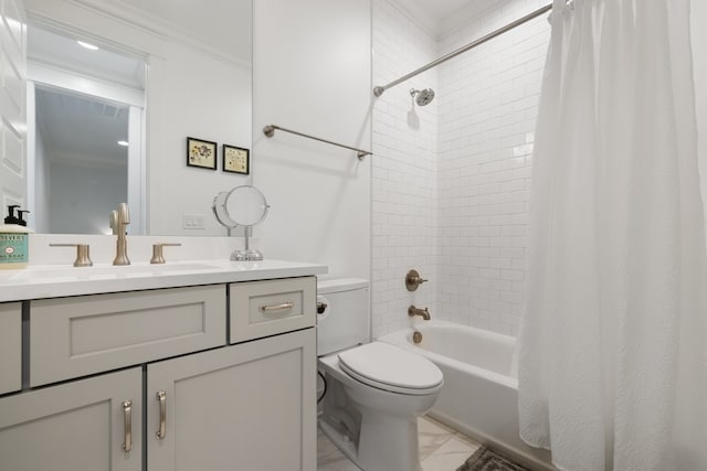 full bathroom featuring shower / tub combo with curtain, vanity, toilet, and ornamental molding