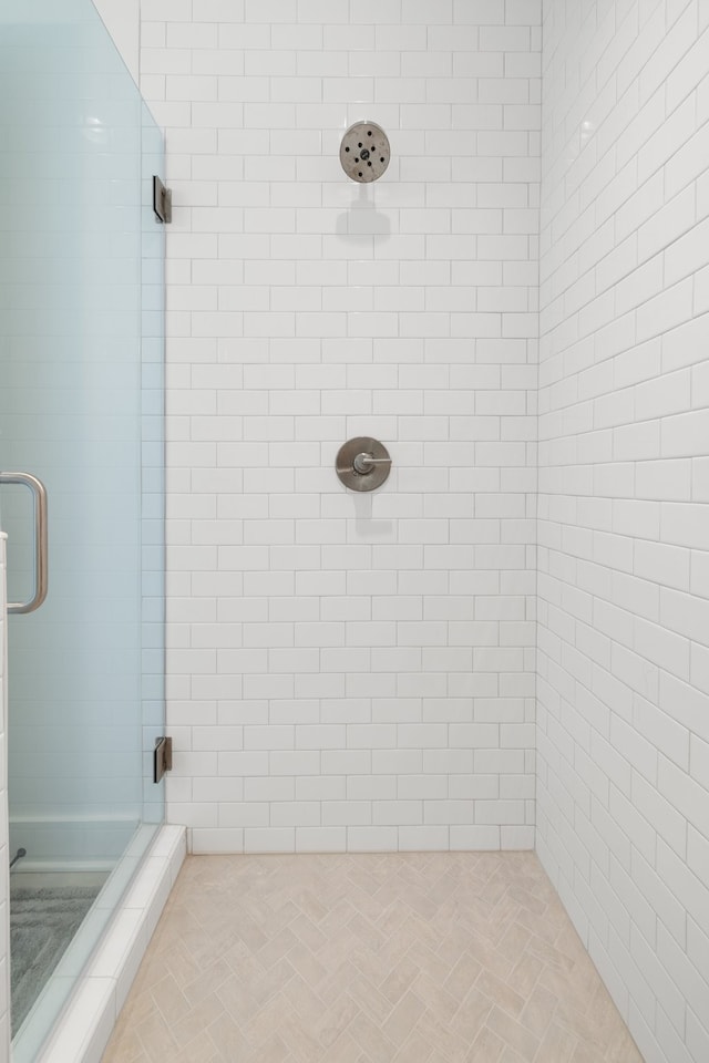 bathroom featuring a shower with shower door