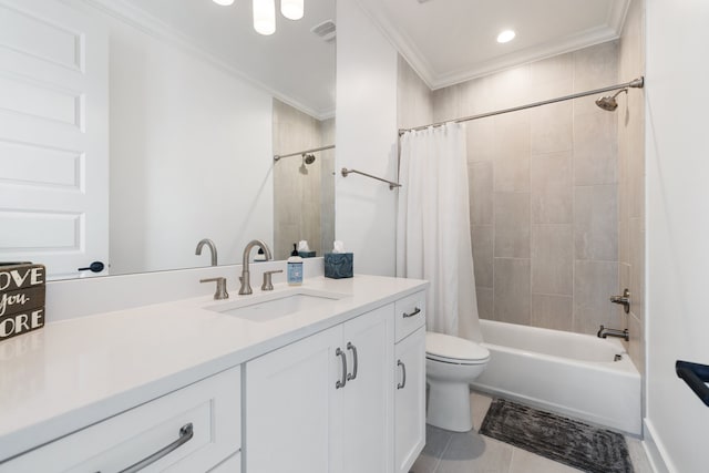 full bathroom featuring ornamental molding, vanity, tile patterned floors, and shower / tub combo with curtain