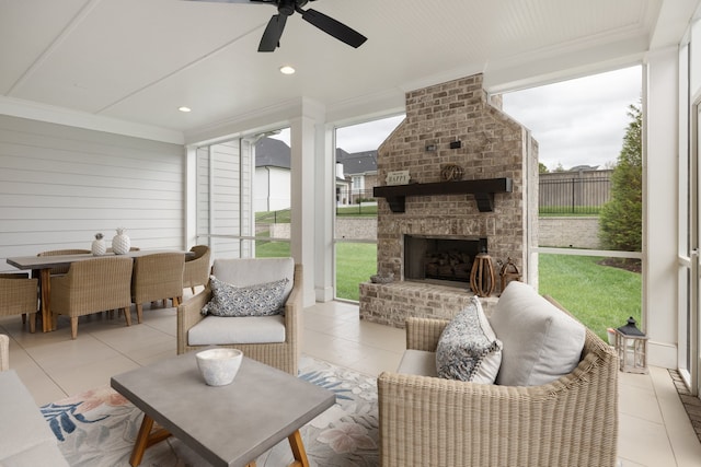 exterior space with an outdoor living space with a fireplace and ceiling fan