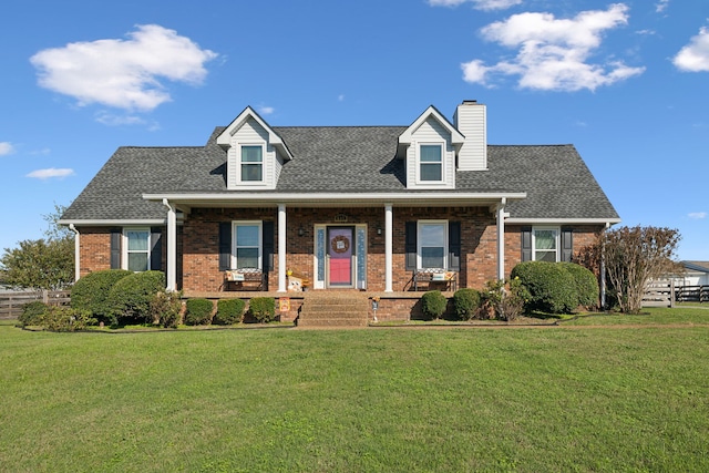 cape cod home featuring a front yard and covered porch