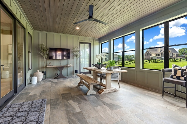 sunroom with wood ceiling and a ceiling fan