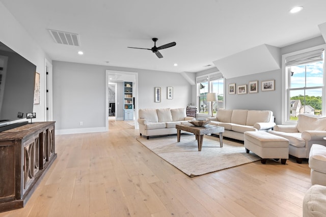 5124 Bond Mill Rd, Thompsons Station, TN 37179 - living room featuring ceiling fan, light wood-type flooring, baseboards, and recessed lighting