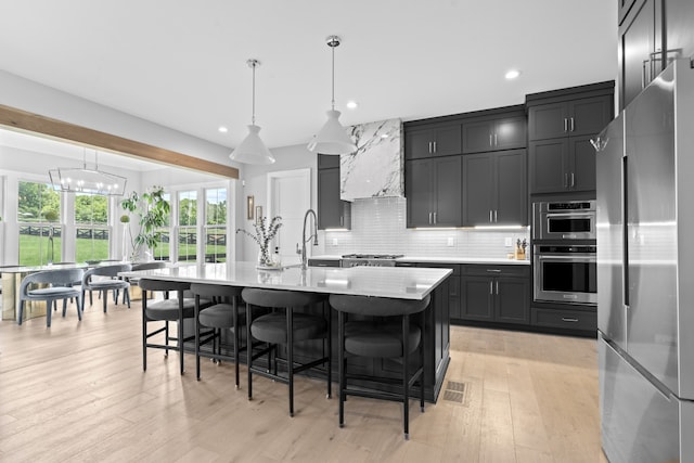 kitchen featuring a center island with sink, pendant lighting, stainless steel appliances, and light countertops