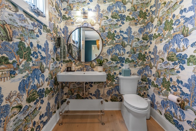 bathroom with wood finished floors, a sink, toilet, and wallpapered walls