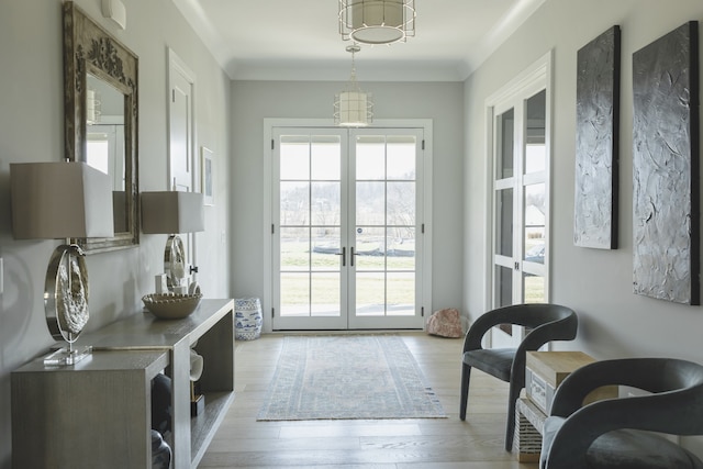 doorway to outside featuring ornamental molding, french doors, and a healthy amount of sunlight