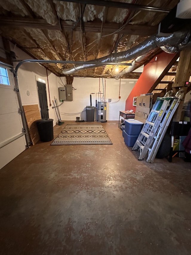 basement with electric panel and water heater