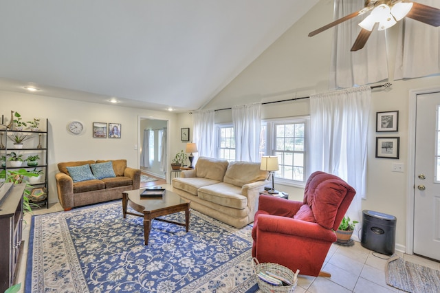 living room featuring light tile patterned flooring, ceiling fan, and high vaulted ceiling