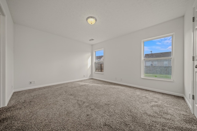 empty room with a textured ceiling and carpet flooring