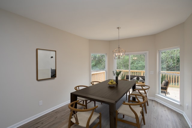 dining area with hardwood / wood-style floors and an inviting chandelier