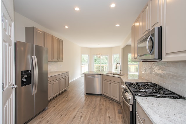 kitchen with sink, appliances with stainless steel finishes, hanging light fixtures, light hardwood / wood-style flooring, and decorative backsplash