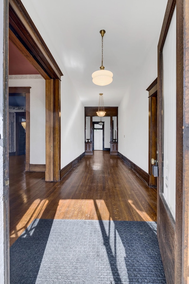 corridor with dark hardwood / wood-style flooring