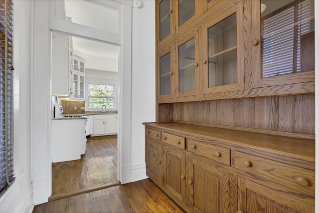 bar featuring tasteful backsplash, dark hardwood / wood-style floors, sink, and white dishwasher