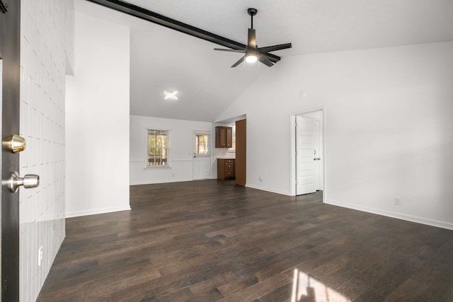 unfurnished living room with high vaulted ceiling, ceiling fan, and dark hardwood / wood-style floors