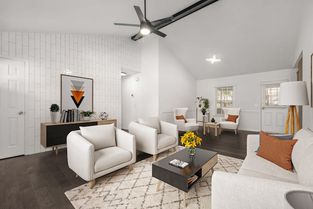 living room with high vaulted ceiling, wood-type flooring, and ceiling fan