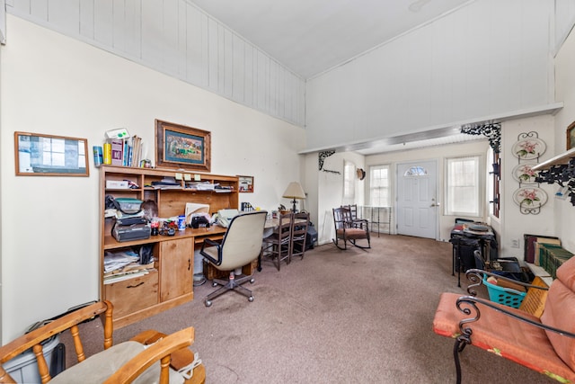 home office with carpet flooring