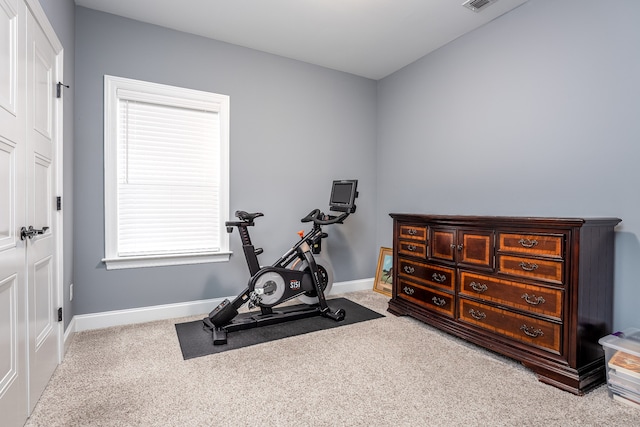 workout room with light colored carpet and a healthy amount of sunlight