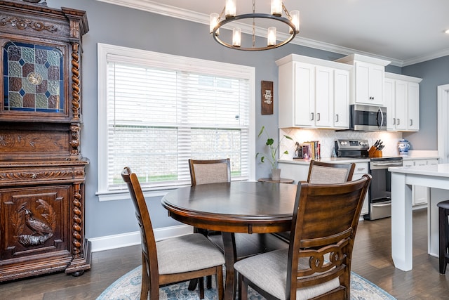 dining space with ornamental molding, a wealth of natural light, dark wood-type flooring, and an inviting chandelier