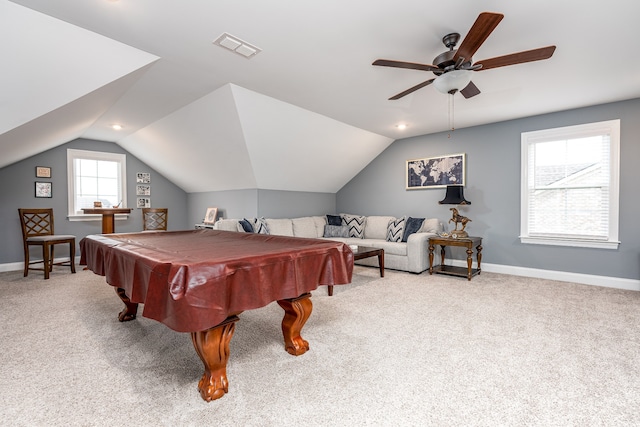 rec room featuring ceiling fan, lofted ceiling, light colored carpet, and billiards