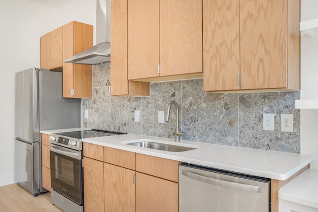 kitchen with light hardwood / wood-style floors, wall chimney exhaust hood, sink, backsplash, and appliances with stainless steel finishes