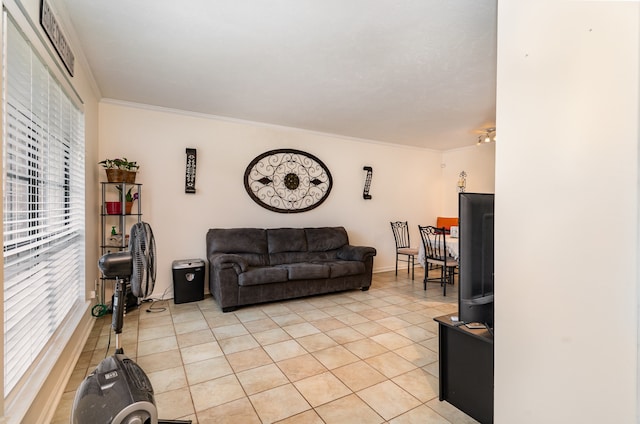 tiled living room with ornamental molding