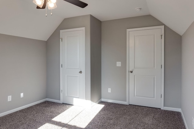 additional living space featuring ceiling fan, carpet floors, and lofted ceiling