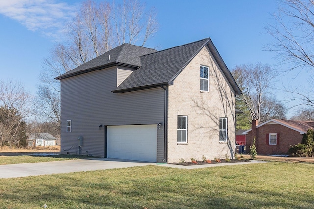 view of property exterior featuring a garage and a lawn