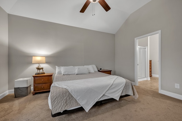 carpeted bedroom featuring ceiling fan and lofted ceiling