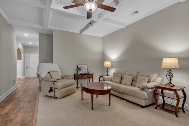 living room with ornamental molding, coffered ceiling, wood-type flooring, and ceiling fan