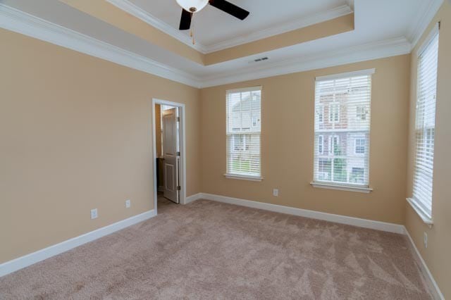 carpeted empty room featuring ceiling fan, ornamental molding, and a raised ceiling