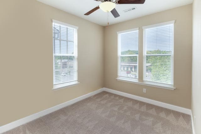 carpeted spare room featuring a wealth of natural light and ceiling fan