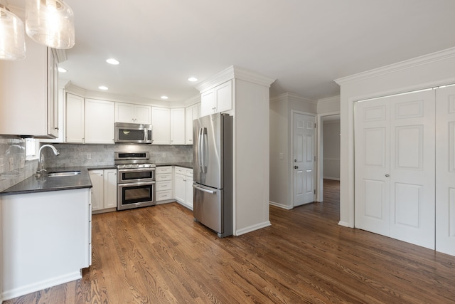 kitchen with dark hardwood / wood-style flooring, white cabinets, decorative backsplash, and stainless steel appliances