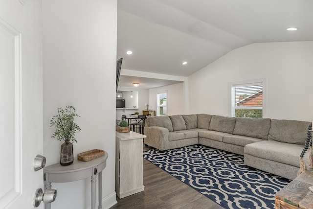 living room featuring dark wood-type flooring and lofted ceiling