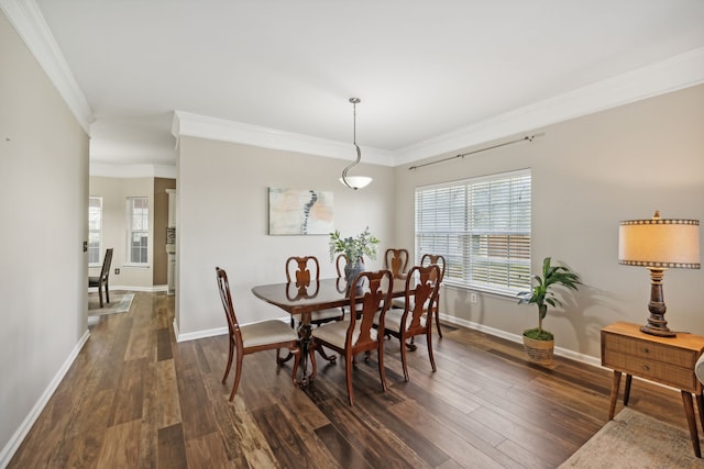 dining area featuring crown molding and dark wood-type flooring