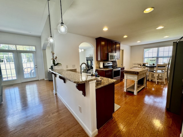 kitchen featuring a wealth of natural light, kitchen peninsula, appliances with stainless steel finishes, and decorative light fixtures